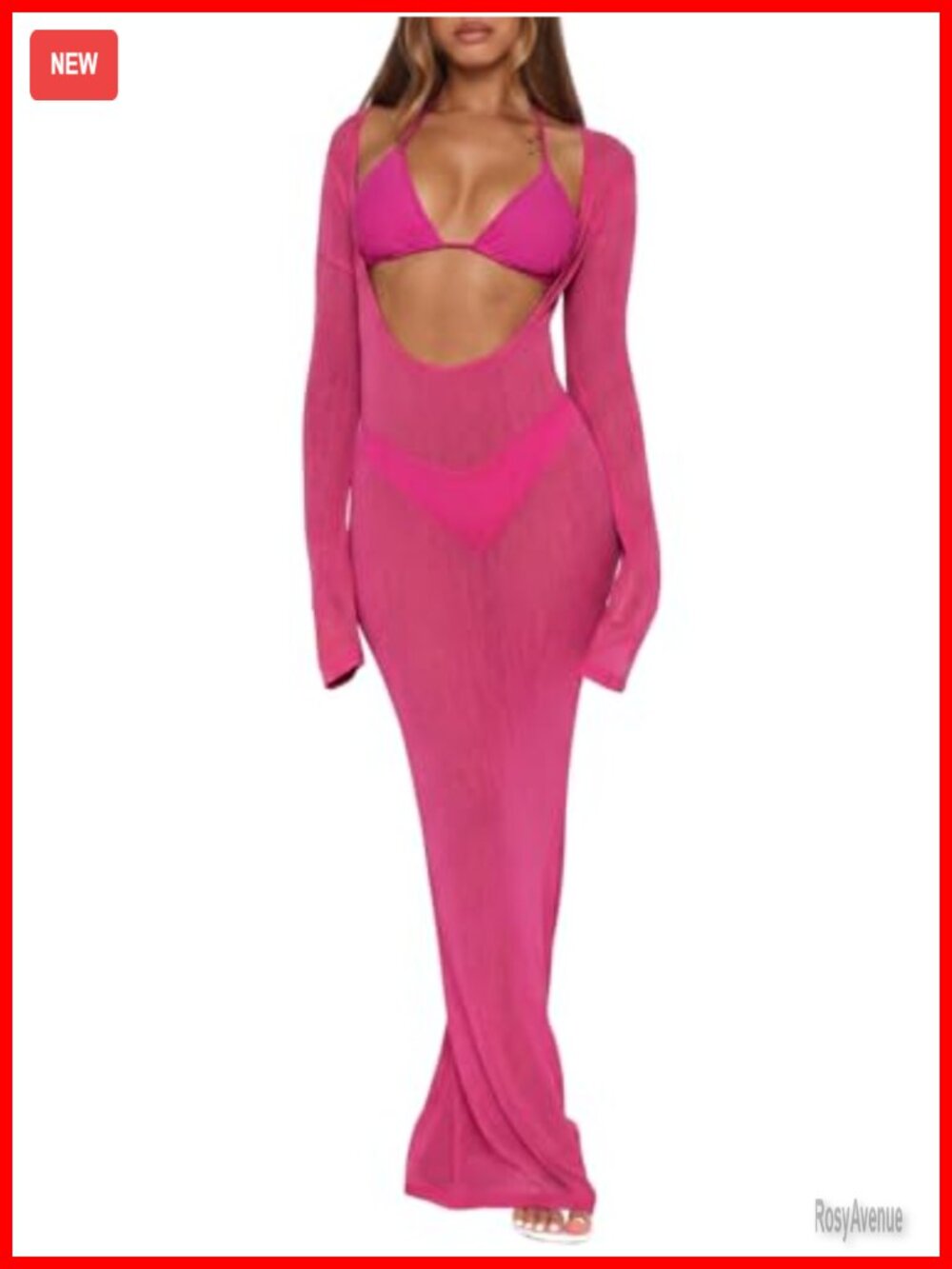 3 Piece Swimsuit Set Sheer Mesh Cover Up & Triangle Bikini Swimwear